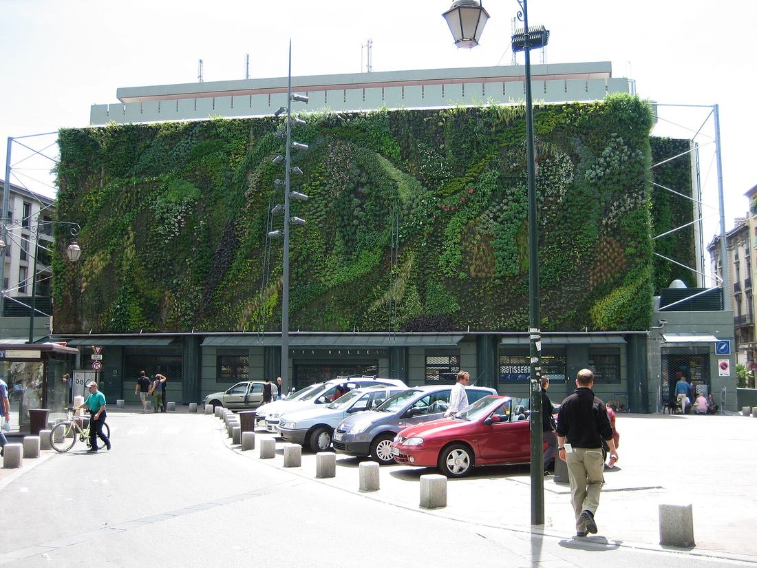 Les Halles d'Avignon place Pie, avec le mur végétal de Patrick Blanc en façade